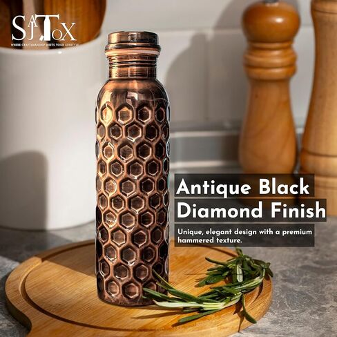 32oz Antique Black Diamond Large Pure Clear Copper Water Bottle Leak Proof Travel Big Size Water Bottles for Drinking Water & Ayurvedic Health benefits With Canvas Bag & Bottle Cleaner Brush in Saudi Arabia