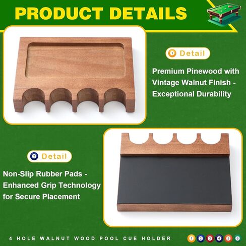 Novabright 4 Hole Walnut Wood Pool Cue Holder Portable Weighted Billiard Stick Rack Non-slip Solid Cue Holder Claw with Deepen Notch for Billiard Table Bar Chair in Saudi Arabia