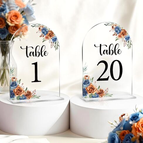 Blue Toile Themed Wedding Acrylic Table Number 1-20 with 20Pcs Stands, 5"x7" Blue Floral Place Card Centerpiece Decor Indoor Outdoor Wedding Bridal Shower Anniversary Party Reception in Saudi Arabia