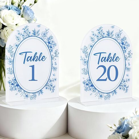 Blue Toile Themed Wedding Acrylic Table Number 1-20 with 20Pcs Stands, 5"x7" Blue Floral Place Card Centerpiece Decor Indoor Outdoor Wedding Bridal Shower Anniversary Party Reception in Saudi Arabia