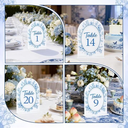 Blue Toile Themed Wedding Acrylic Table Number 1-20 with 20Pcs Stands, 5"x7" Blue Floral Place Card Centerpiece Decor Indoor Outdoor Wedding Bridal Shower Anniversary Party Reception in Saudi Arabia
