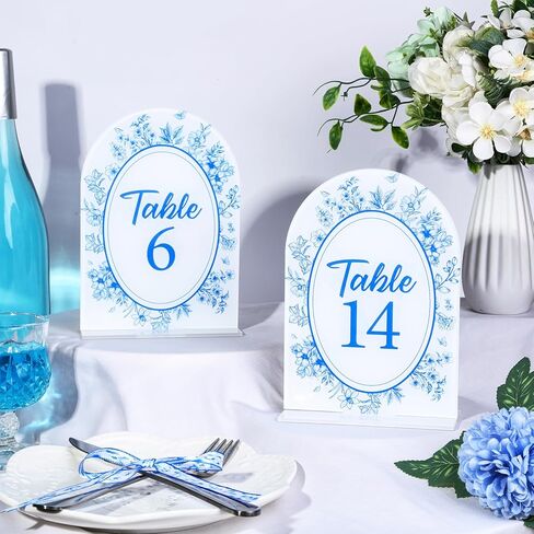Blue Toile Themed Wedding Acrylic Table Number 1-20 with 20Pcs Stands, 5"x7" Blue Floral Place Card Centerpiece Decor Indoor Outdoor Wedding Bridal Shower Anniversary Party Reception in Saudi Arabia