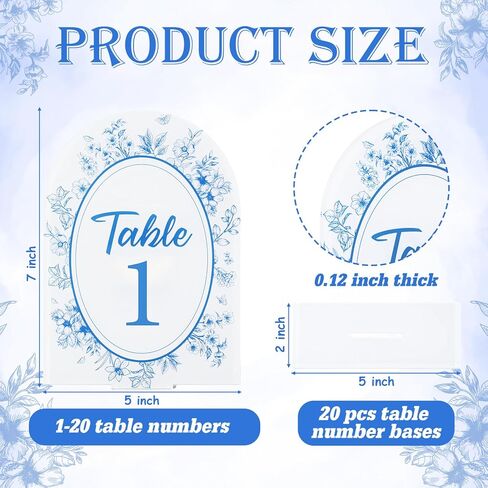 Blue Toile Themed Wedding Acrylic Table Number 1-20 with 20Pcs Stands, 5"x7" Blue Floral Place Card Centerpiece Decor Indoor Outdoor Wedding Bridal Shower Anniversary Party Reception in Saudi Arabia