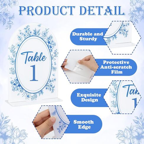 Blue Toile Themed Wedding Acrylic Table Number 1-20 with 20Pcs Stands, 5"x7" Blue Floral Place Card Centerpiece Decor Indoor Outdoor Wedding Bridal Shower Anniversary Party Reception in Saudi Arabia