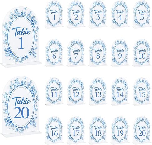 Blue Toile Themed Wedding Acrylic Table Number 1-20 with 20Pcs Stands, 5"x7" Blue Floral Place Card Centerpiece Decor Indoor Outdoor Wedding Bridal Shower Anniversary Party Reception in Saudi Arabia