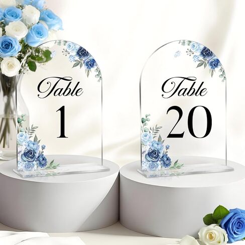 Blue Toile Themed Wedding Acrylic Table Number 1-20 with 20Pcs Stands, 5"x7" Blue Floral Place Card Centerpiece Decor Indoor Outdoor Wedding Bridal Shower Anniversary Party Reception in Saudi Arabia