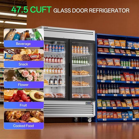 Coolski 2 Door Glass Door Commercial Food Merchandiser, 47.5 Cu.ft Stainless Steel Refrigerated Beverage Display Cooler with LED Light, Auto Defrost, DOE ETL ETL Sanitation Certified in Kuwait