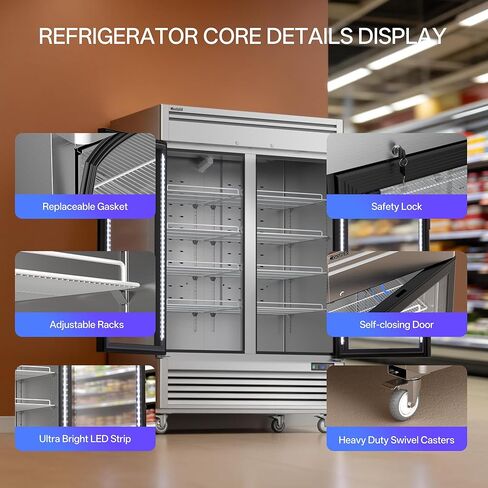 Coolski 2 Door Glass Door Commercial Food Merchandiser, 47.5 Cu.ft Stainless Steel Refrigerated Beverage Display Cooler with LED Light, Auto Defrost, DOE ETL ETL Sanitation Certified in Kuwait