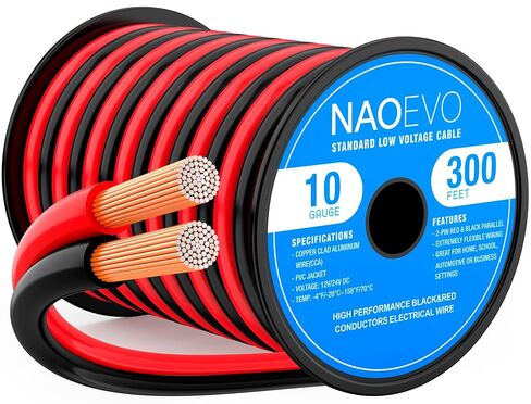 سلك NAOEVO 10 قياس 50 قدم، 2 موصلات سلك كهربائي كابل أحمر أسود، مرن/جهد منخفض/PVC 10 AWG سلك تمديد من الألومنيوم المطلي بالنحاس لمكبر الصوت، شرائط LED، السيارات 12 فولت/24 فولت تيار مستمر in Kuwait