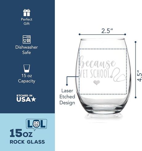 Because Vet School Stemless Wine Glass - Veterinarian, Vet Tech Gift - 1 Glass in Kuwait