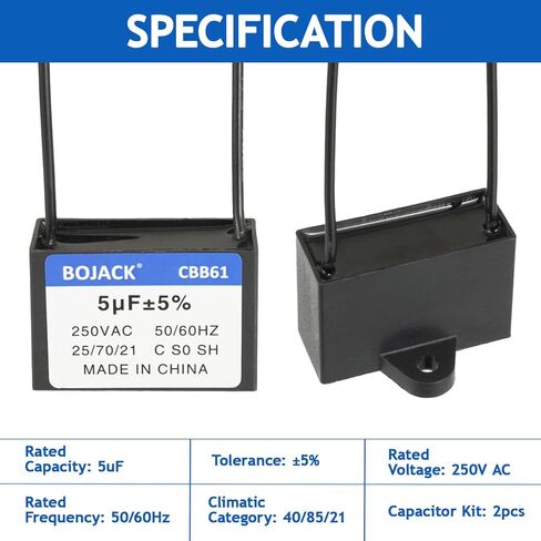 BOJACK CBB61 5uF 250V AC 2 مكثف بدء تشغيل مروحة السقف، لمولد محرك مضخة المروحة الكهربائية (حزمة من 2) in Saudi Arabia