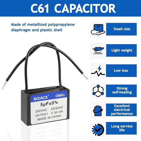 BOJACK CBB61 5uF 250V AC 2 مكثف بدء تشغيل مروحة السقف، لمولد محرك مضخة المروحة الكهربائية (حزمة من 2) in Saudi Arabia