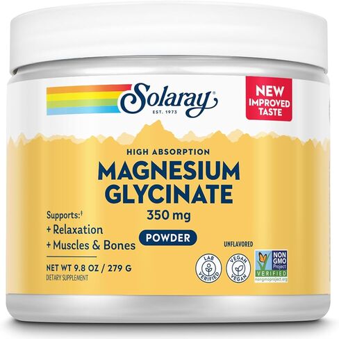 مسحوق جليسينات المغنيسيوم SOLARAY 350 مجم - مسحوق مغنيسيوم غير منكه - مكمل مغنيسيوم لدعم العظام والعضلات والاسترخاء - نباتي، غير معدّل وراثيًا، ضمان لمدة 60 يومًا - 50 وجبة، 6 أونصة in Kuwait