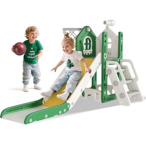 شريحة بيروم 6 في 1 للأطفال الصغار - شريحة أطفال على شكل حرف L للأطفال الصغار الذين تتراوح أعمارهم بين 1-3 سنوات مع طوق كرة السلة ولعبة تلسكوب ومنصات مضادة للانزلاق، مجموعة لعب للأطفال الصغار في الأماكن المغلقة والمفتوحة، أزرق رمادي in Kuwait