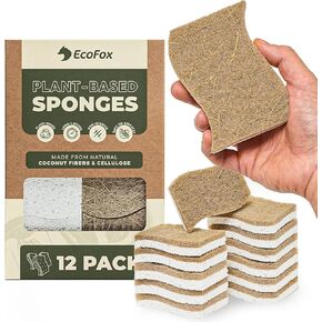 Plant-Based Kitchen Sponges (12 Pack) | USDA Biobased Certified | FSC & PETA Approved | Natural Cellulose & Coconut Scrubber Sponge | S-Shaped Design | Eco-Friendly, Non-Scratch, Non-Toxic & Vegan in Kuwait