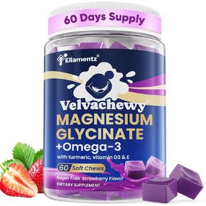 Magnesium Glycinate Gummies 500mg - Magnesium with Omega-3, Turmeric, Vitamin D3 & E | Magnesium Glycinate Soft Chews for Adults | for Sleep, Muscle & Brain | 60 Counts in Kuwait