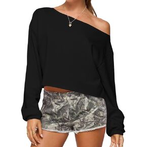 Women Off Shoulder Crop Top Oversized Long Sleeve Boat Neck Sweatshirt Workout Dance Going Out Pullover Loose Shirt in Saudi Arabia