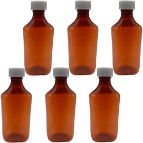 6 عبوات من الزجاجات البلاستيكية الكهرمانية مع أغطية مقاومة للأطفال - حاويات طبية سائلة سعة 12 أونصة مع علامات أونصة ومل in Kuwait