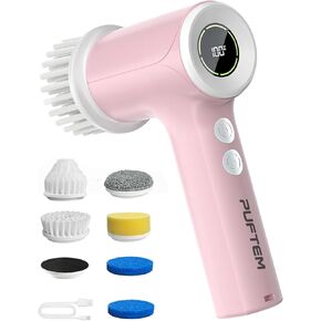 جهاز تنظيف دوار كهربائي مطور من PUFTEM، جهاز تنظيف دش لاسلكي قوي مع بطارية كبيرة سعة 4500 مللي أمبير في الساعة وعرض السرعة، 6 رؤوس فرشاة قابلة للاستبدال، فرشاة تنظيف لأرضية حوض الحمام (أبيض) in Kuwait