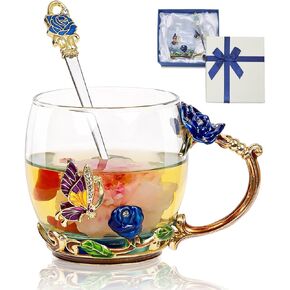 Flower Tea Cup,Butterfly Rose Clear Glass Fancy Coffee Mug with Spoon,Gift Box for Her Mom Wife Grandma Girls Women Christmas Birthday Present Idea for Juice,Hot And Cold Drinks Use in Saudi Arabia