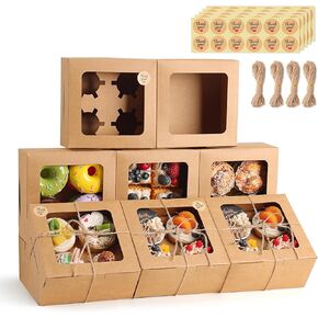 TOMNK 50 PCS Cupcake Boxes with Window, 6.3x6.3x3 Inch Cookie Boxes, Brown Bakery Containers for Pastry, Dessert, Chocolate Strawberries, Treat Boxes with Stickers and Jute Twine in Kuwait
