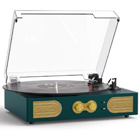 Vinyl Record Player with Bass & Treble Control, Vintage 3-Speed Turntable with Built-in Speakers, Belt-Drive LP Player with Headphone Jack, RCA/AUX Outputs, Dark Green in Kuwait