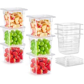 عبوة من 6 أوعية طعام بلاستيكية مع أغطية مدرجة في قائمة NSF من Wilprep، مقاس 1/6 مقاس 6 في حاويات تخزين طعام شفافة عميقة، فندق تجاري من البولي كربونات قابل للتكديس سعة 2.6 لتر للفواكه والخضروات والفاصوليا والذرة in Kuwait