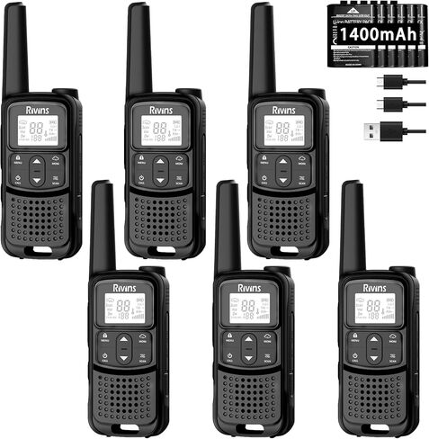 أجهزة اتصال لاسلكية طويلة المدى: Rivins F22 أجهزة اتصال لاسلكية قابلة لإعادة الشحن للبالغين، NOAA، كابل USB-C بطارية ليثيوم أيون 1400 مللي أمبير في الساعة، مصباح يدوي LED، راديو VOX FRS ثنائي الاتجاه للتخييم والمشي لمسافات طويلة، 6 عبوات in Kuwait