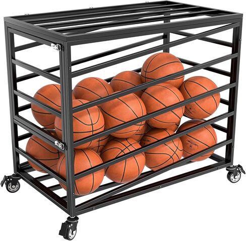 Ball Cart Storage with Lockable Wheels & Side Door, Basketball Storage Bin with Lid for Indoor Outdoor, Sports Equipment Exercise Ball Organizer, Ball Holder for Gym, School, Club in Kuwait