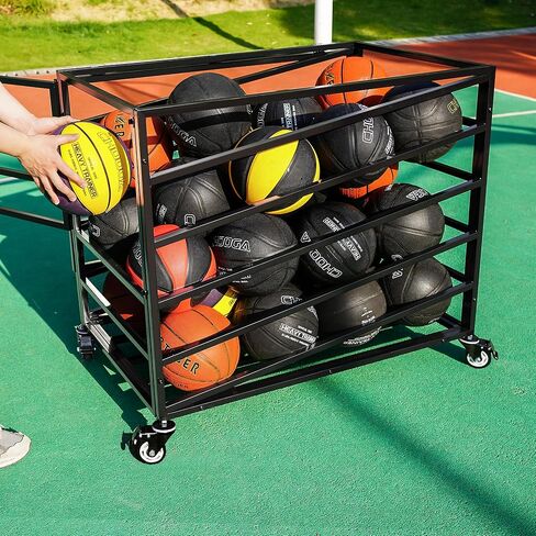 Ball Cart Storage with Lockable Wheels & Side Door, Basketball Storage Bin with Lid for Indoor Outdoor, Sports Equipment Exercise Ball Organizer, Ball Holder for Gym, School, Club in Kuwait