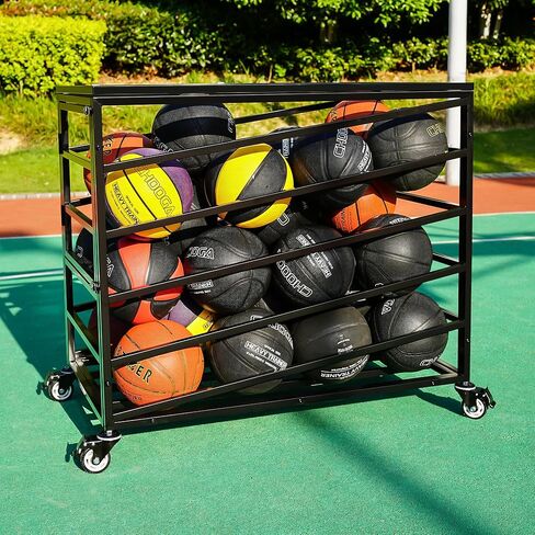 Ball Cart Storage with Lockable Wheels & Side Door, Basketball Storage Bin with Lid for Indoor Outdoor, Sports Equipment Exercise Ball Organizer, Ball Holder for Gym, School, Club in Kuwait