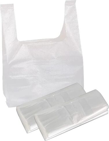 أكياس بلاستيكية 100 حزمة 12.6 بوصة × 6.5 بوصة × 19.7 بوصة حقيبة تي شيرت بيضاء للتسوق البقالة المنزل والسوبر ماركت والمطاعم القمامة in Kuwait