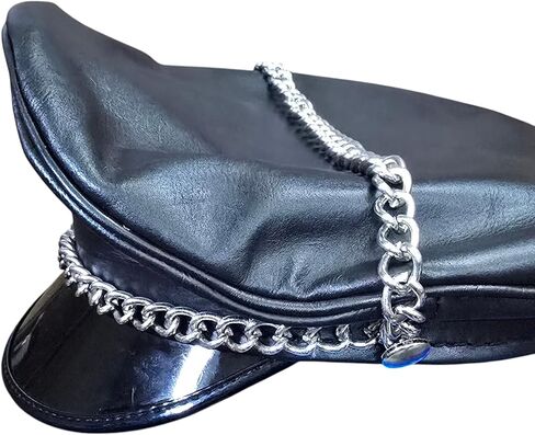 Genuine Real Leather Black Army Muir Biker Peaked Gay BLUF Cap Hat with Silver Chain 58cm in Saudi Arabia