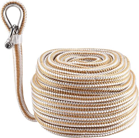 NovelBee 1/2in x 50ft Boat Anchor Rope,Double Braid Nylon Anchor Line with Stainless Steel Thimble and Shackle,Heavy Duty Nylon Rope for Boat,Towing,Docking,Mooring (White&Gold) in Saudi Arabia