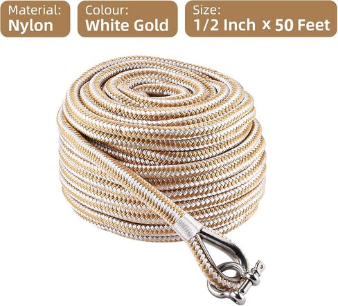NovelBee 1/2in x 50ft Boat Anchor Rope,Double Braid Nylon Anchor Line with Stainless Steel Thimble and Shackle,Heavy Duty Nylon Rope for Boat,Towing,Docking,Mooring (White&Gold) in Saudi Arabia