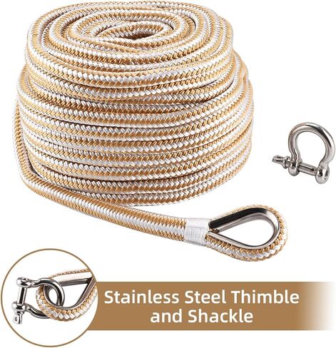 NovelBee 1/2in x 50ft Boat Anchor Rope,Double Braid Nylon Anchor Line with Stainless Steel Thimble and Shackle,Heavy Duty Nylon Rope for Boat,Towing,Docking,Mooring (White&Gold) in Saudi Arabia