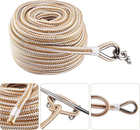 NovelBee 1/2in x 50ft Boat Anchor Rope,Double Braid Nylon Anchor Line with Stainless Steel Thimble and Shackle,Heavy Duty Nylon Rope for Boat,Towing,Docking,Mooring (White&Gold) in Saudi Arabia