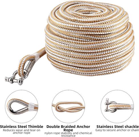 NovelBee 1/2in x 50ft Boat Anchor Rope,Double Braid Nylon Anchor Line with Stainless Steel Thimble and Shackle,Heavy Duty Nylon Rope for Boat,Towing,Docking,Mooring (White&Gold) in Saudi Arabia