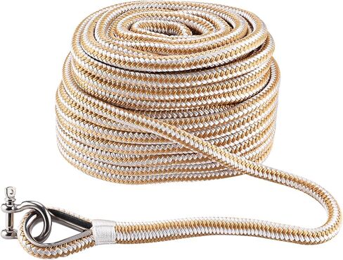 NovelBee 1/2in x 50ft Boat Anchor Rope,Double Braid Nylon Anchor Line with Stainless Steel Thimble and Shackle,Heavy Duty Nylon Rope for Boat,Towing,Docking,Mooring (White&Gold) in Saudi Arabia
