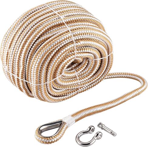 NovelBee 1/2in x 50ft Boat Anchor Rope,Double Braid Nylon Anchor Line with Stainless Steel Thimble and Shackle,Heavy Duty Nylon Rope for Boat,Towing,Docking,Mooring (White&Gold) in Saudi Arabia