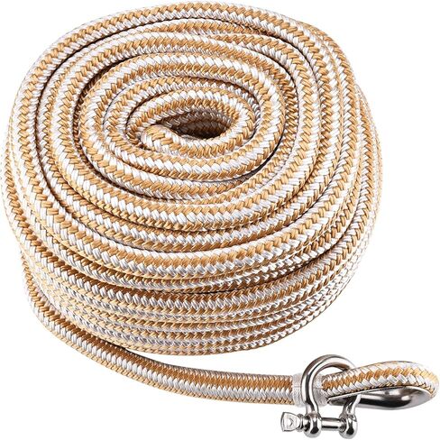 NovelBee 1/2in x 50ft Boat Anchor Rope,Double Braid Nylon Anchor Line with Stainless Steel Thimble and Shackle,Heavy Duty Nylon Rope for Boat,Towing,Docking,Mooring (White&Gold) in Saudi Arabia