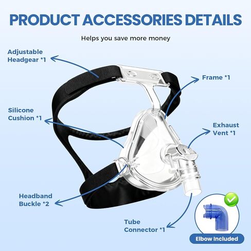 مجموعة استبدال قناع CPAP لكامل الوجه من سلسلة Comfort مع غطاء رأس ووسادة ومرفق، وختم ناعم وتصميم مقاوم للتسرب لملاءمة آمنة، وصديق للبشرة، ومتوافق مع معظم أجهزة CPAP القياسية، متوسط in Saudi Arabia