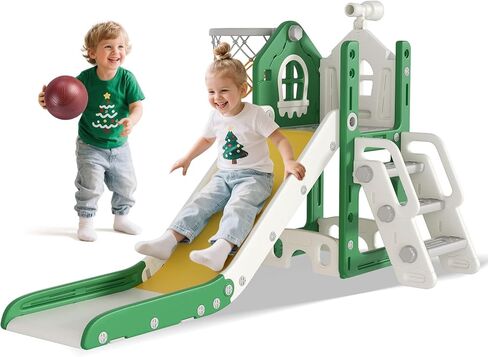 شريحة بيروم 6 في 1 للأطفال الصغار - شريحة أطفال على شكل حرف L للأطفال الصغار الذين تتراوح أعمارهم بين 1-3 سنوات مع طوق كرة السلة ولعبة تلسكوب ومنصات مضادة للانزلاق، مجموعة لعب للأطفال الصغار في الأماكن المغلقة والمفتوحة، أزرق رمادي in Kuwait