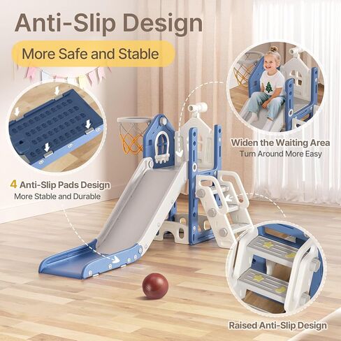 شريحة بيروم 6 في 1 للأطفال الصغار - شريحة أطفال على شكل حرف L للأطفال الصغار الذين تتراوح أعمارهم بين 1-3 سنوات مع طوق كرة السلة ولعبة تلسكوب ومنصات مضادة للانزلاق، مجموعة لعب للأطفال الصغار في الأماكن المغلقة والمفتوحة، أزرق رمادي in Kuwait
