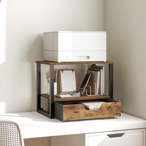 حامل طابعة سطح المكتب، طاولة طابعة بطبقتين مع درج غير منسوج، منظم مكتب متعدد الأغراض للمكتب المنزلي، رف منظم مفتوح تحت المكتب، أسود PS01BB in Kuwait