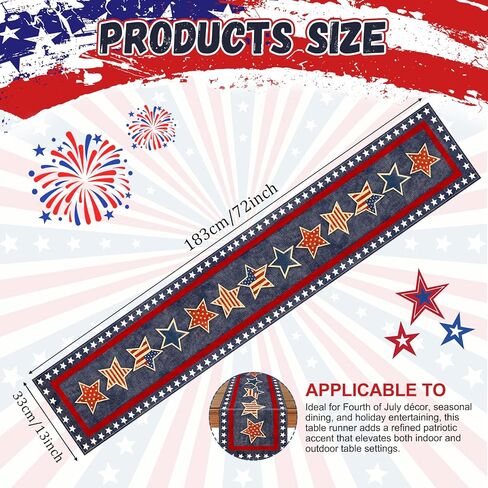 72 x 13 Inches Vintage Patriotic Star Table Runner, Retro Red, White, and Blue Stars Design for Independence Day, 4th of July, Memorial Day, Americana Home Table Decor in Kuwait
