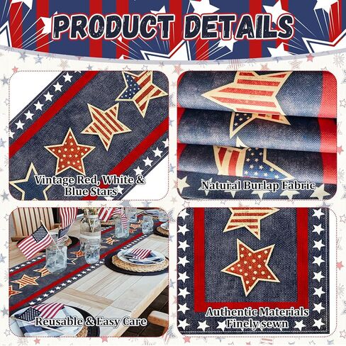 72 x 13 Inches Vintage Patriotic Star Table Runner, Retro Red, White, and Blue Stars Design for Independence Day, 4th of July, Memorial Day, Americana Home Table Decor in Kuwait