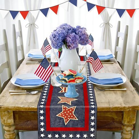 72 x 13 Inches Vintage Patriotic Star Table Runner, Retro Red, White, and Blue Stars Design for Independence Day, 4th of July, Memorial Day, Americana Home Table Decor in Kuwait