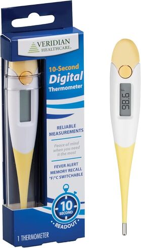 ميزان الحرارة الرقمي للرعاية الصحية من Veridian | قراءة مدتها 10 ثوانٍ | أوضاع درجة الحرارة F C| نصيحة مرنة | صحية ومقاومة للماء وسهلة التنظيف | حقيبة للتخزين + تعليمات متضمنة in Kuwait