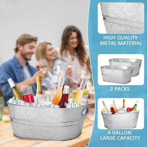 2 Pack 3 Gallon Galvanized Tub Ice Buckets for Parties Portable Beverage Tub Champagne Bucket Metal Ice Buckets for Cocktail Bar with Ice Scoop in Kuwait